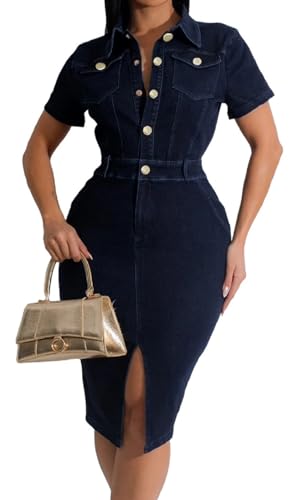 Image of SeNight Women Denim Dresses Elegant Sexy Short Sleeve Jean Party Dress