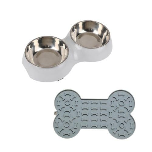 Dog Bowls with Lick Mat – NIKO'S Double Dog Bowl Set for Food & Water – Stainless Steel Elevated Bowls + Licking Mat for Anxiety Relief – Gray Feeder for All Pets