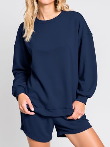 Tankaneo Womens Oversized 2 Piece Outfits Sweatsuit Casual Long Sleeve Crewneck Sweatshirts Sweat Shorts Fall Lounge Sets2