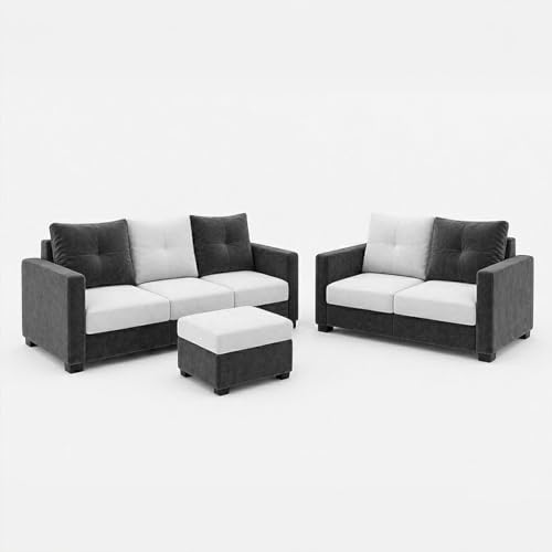 Image of FURNY Amonster 3 Seater + 2 Seater Fabric Sofa Set with 1 Ottoman (Dark Gray - Light Gray) with Velvet Finish | Durable Comfort | Ideal for Living Room