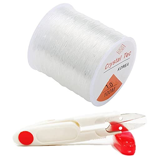 QIRANIYY 1mm Elastic Bracelet String Nylon Cord Clear Stretch Bead Cord for Jewelry Making and Bracelet Making with Beaded Scissors , Fish Thread