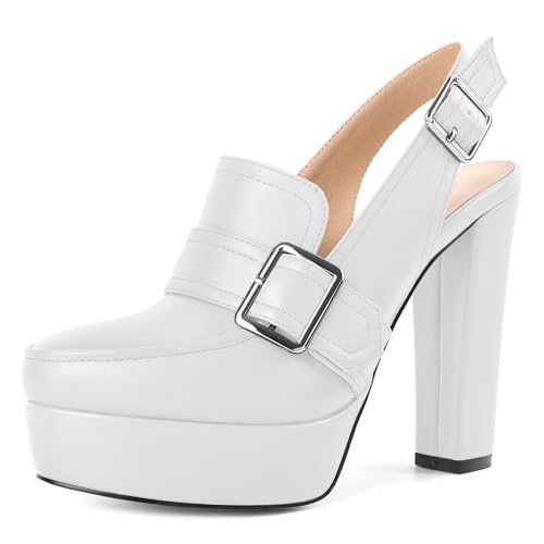 Image of Women's High Heel Loafers Platform Pumps Round Toe Heels Chunky Heel Pumps Stylish Comfortable 4.8 Inch Slingback Heels
