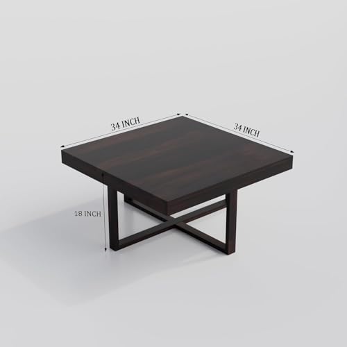 Image of Solid Sheesham Wood Coffee Table with 4 Stool | Center Table with 4 Stools for Living Room | Rosewood Teapoy Table with Cushioned Stool (Square,Walnut Finish)