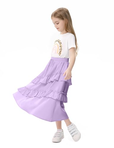 Image of Girls High Waisted Ruffle Maxi Skirt Soft Cotton Long Skirts with Elastic Waistband for Kid Girl 3-12 Years