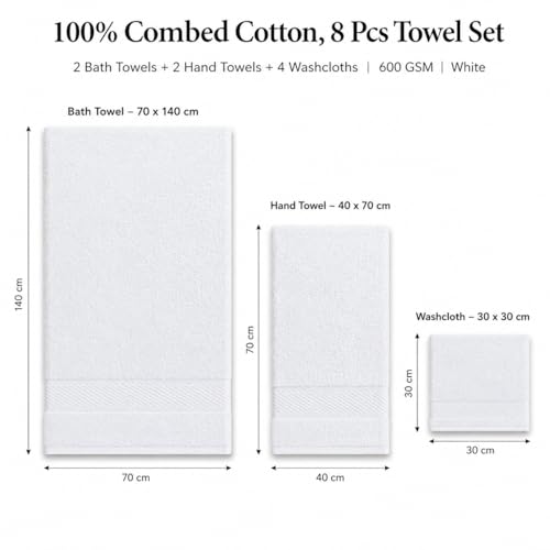 Image of Sulfar 100% Combed Cotton, 8 Pcs Towel Set - 2 Bath Towels (70 x 140 cm), 2 Hand Towels (40 x 70 cm) and 4 Washcloths (30 x 30 cm) (600 GSM, Pack of 8) White