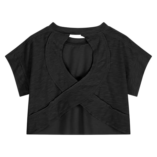 Girls Shirt 2025 Short Sleeve Cotton Hollow Out Solid Color Tee Shirts Crisscross Back Casual Trendy Comfy Outfits4