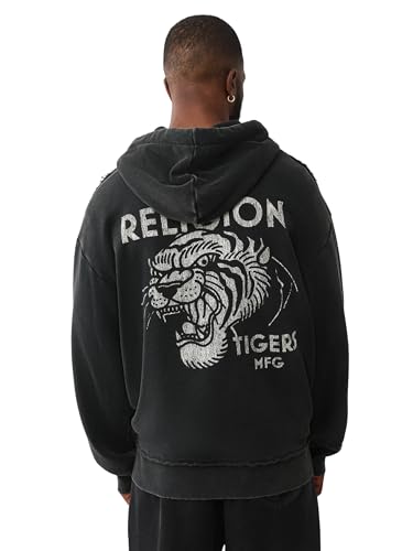 True Religion Men's Tiger Relaxed Vintage Zip Up Hoodie – Casual Full Zip Graphic Sweatshirt4