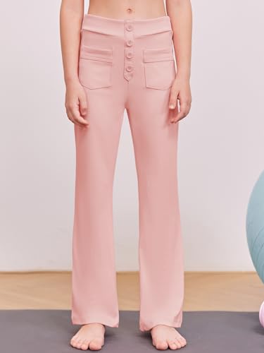 Haloumoning Girl's Flare Pants Kids High Waisted Button Multiple Pockets Yoga Bootcut Pants Full Length Bell Bottoms - Image 3