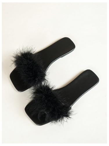 Women's Sexy Flat Sandals Fuzzy Feather Dressy Flat Sandals Slip On Square Slipper Open Toe Fuzzy Slides Slippers4
