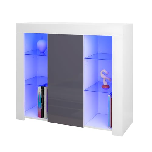 Panana Sideboard Cupboard Unit 4 Glass Shelves Cabinet RGB LED Lighted (Gray)