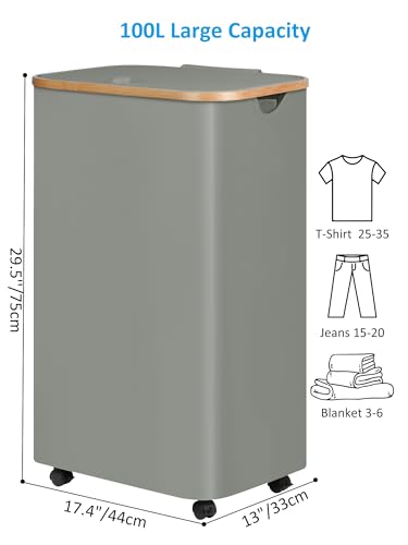 Image of efluky Laundry Basket with Wheels, Tall Rolling Laundry Hamper with Lid and Removable Bag, Aesthetic Dirty Clothes Hamper on Wheels for Laundry Room, Bedroom, Dorm and Bathroom, 100L Grey