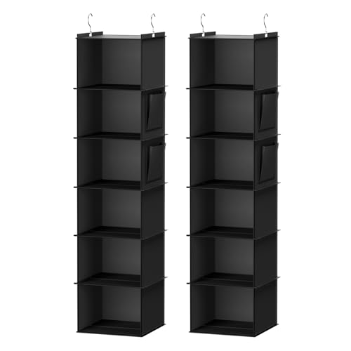 Image of YOUDENOVA Hanging Closet Organizer and Storage, 6-Shelf, 2 Packs, Black | Breathable Fabric, 2 Side Pockets, Clothes Organizer, Hanging Shelves, Closet Storage, College Dorm Room Essentials for Guys