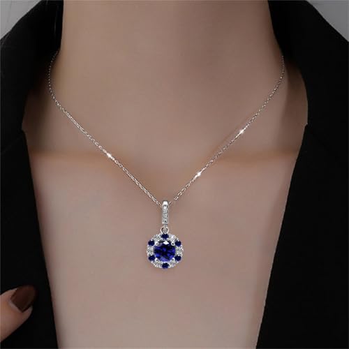 Sapphire Necklace Sterling Silver Sparkling CZ Blue Round Halo Pendant Necklace Fashion Exquisite Round Cut Halo Pendant Luxurious September Birthstone Jewelry Gifts for Birthday Wedding Christmas4