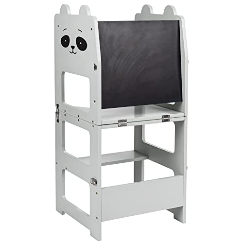 Image of Montessori Learning Stand, 3-in-1 Multipurpose Step-Stool, Kitchen Tower - Table and Chair All-in-One with Chalkboard, Kitchen Step Stool (Racoon_Grey)