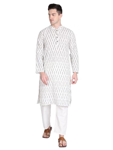 Men's Cotton Handloom Kurta Long Ikat Khadi Kurta Mandarin Collar Full Sleeves Side Split Indian Tunic Ethnic Wear for Wedding Party - Medium (White)