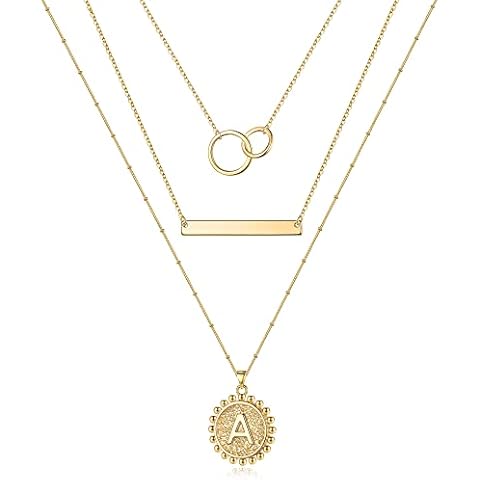 Gold Necklaces for Women, 14K Gold Plated Layering Initial Necklaces Choker Gold Chain Necklace Gold Jewelry for Women Layered Necklaces for Women Initial Pendant A Layered Gold Necklaces for Women Cover