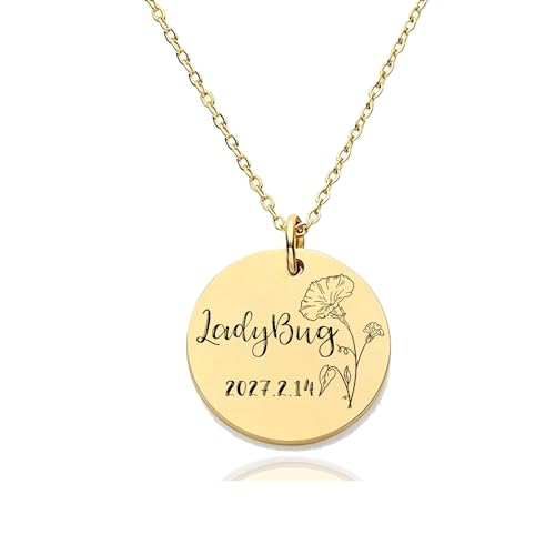 HUAN XUN Custom Birth Month Flower LadyBug Necklace for Women 18K Gold Plated Stainless Steel Engraved Nameplate Necklace Personalized Floral Disc Pendant Adjustable Chain Jewelry Gifts for Mother