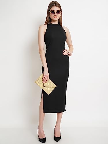 Image of POPWINGS Casual Solid Long Bodycon Dress for Women || Long Halter-Neck Bodycon Dress for Women || Sleeveless Summer Western Dress for Women