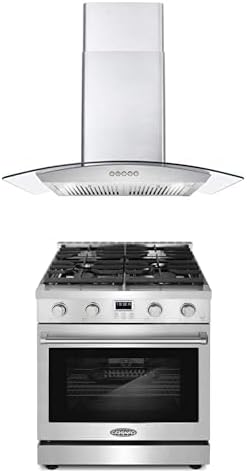 Cosmo 2-Pc Kitchen Appliance Packages, 30" Gas Range 4.8 cu ft Oven and 30" Wall Mount Range Hood