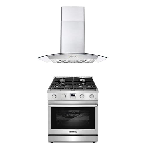 Cosmo 2-Pc Kitchen Appliance Packages, 30" Gas Range 4.8 cu ft Oven and 30" Wall Mount Range Hood