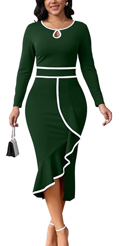 Damen Kirchenkleider Langarm Arbeit Business Party Kleid Bodycon Vintage Wrap Rüschen Midi Bleistiftkleid, Grün , Groß