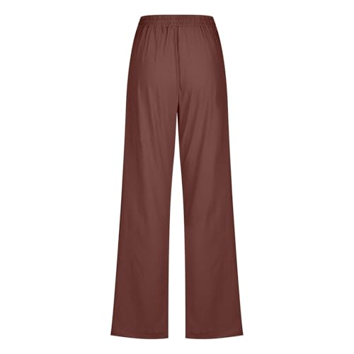 Image of Linen Pants Women High Waisted Drawstring Casual Pant Cotton Linen Straight Leg Lounge Trousers with Side Pockets