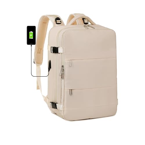 Mochila de Viagem Impermeável Unissex, Compatível com Bagagem de Mão, 10 Bolsos, com Porta USB, Compartimentos Separados (Bege)