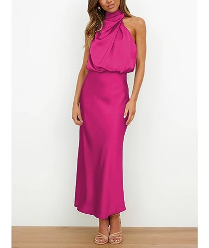 Image of Sexyshine Women's Elegant Halter Tie Neck Sleeveless Satin Long Dress Backless Split Cocktail Party Formal Wedding Maxi Dress