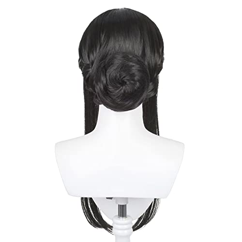 Image of Half and Half Long Black Anime Cosplay Wig with Bangs & Bun Pre-styled Thorn Princess Killer Costume Wigs Synthetic Hair + Wig Cap for Halloween Party