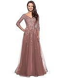 Miao Duo V Neck 3/4 Sleeve Mother of The Bride Dresses Long with Pockets Lace Appliqued Tulle Formal Evening Gowns for Women Dusty Rose 02