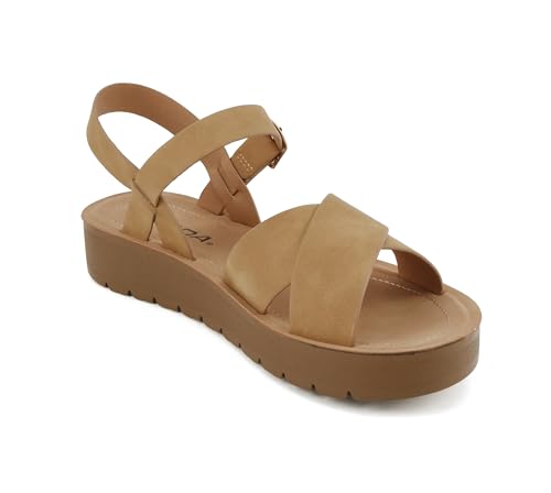 Image of Soda CHESTER ~ Women Flat Sandals Flatform Ankle Buckle Criss Cross Band Straps Sandals Shoes (Gold Raffia, 5.5)