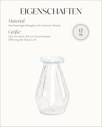 100% Mosel Glasvasen, 12 Stück (14,5 cm x 8,9 cm) Klarglas Vasen im Diamant Design – Tischvasen für Hochzeit, Taufe, Kommunion, Konfirmation & Geburtstage