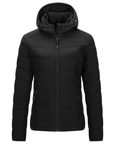 Outdoor Ventures Women's Winter Puffer Jacket Quilted Padded Coat Transitional Insulated Hooded Jackets Windproof Outerwear for Hiking Travel Skiing Black XS