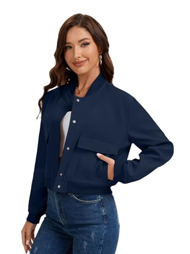 imbpceu Women Bomber Jacket Casual Long Sleeve Button Down Varsity Jackets with Pockets3