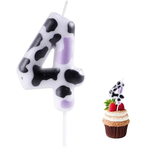 Pink Cow 4th Birthday Candle, Black and Pink Cow Number 4 Cake Candle Birthday Cake Topper for Farm Animal 4th Birthday Party Decoration Cover