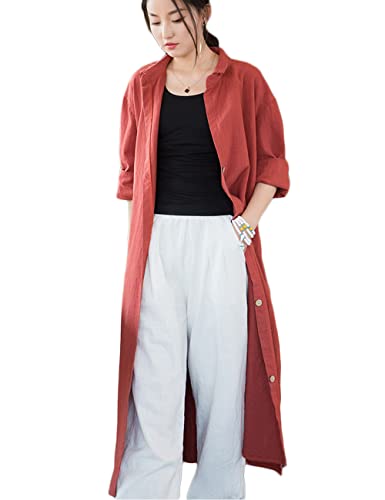 NFYM Women Casual Cotton Linen Lapel Shirt Trench Coats Lightweight Loose Button Up Pockets Long Maxi Shirt Jacket Shacket