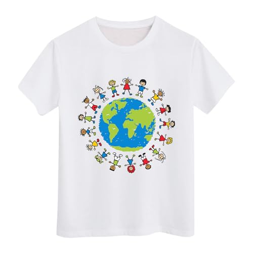 Image of Earth Printed Casual T-Shirt for Kids Short-Sleeved Stretch Tee with Round Neck Comfortable and Breathable T-Shirt for Boys Girls Lightweight Summer Tops Kids' Loose-Fitting Tops (White, 10-11 Years)