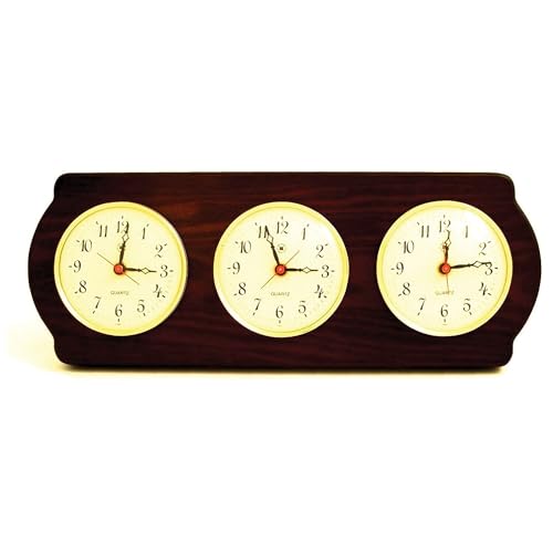 Bey-Berk WS415 Triple Quartz Clock on Ash Wood with Brass Bezel. Wall Mounts Vertically or Horizontally, Brown