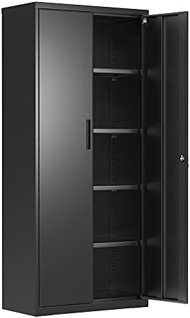 SONGMICS Garage Cabinet, Metal Storage Cabinet with Doors and Shelves, Office Cabinet for Home Office, Garage and Utility Room, Black UOMC015B01