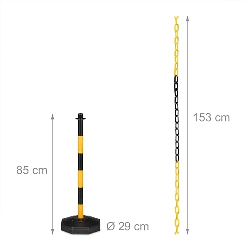 Relaxdays Absperrpfosten mit Kette 4er Set, Kettenpfosten mobil, HxD: 85 x 29 cm, Kettenständer Absperrung, gelb/schwarz