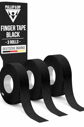 PULLUP & DIP finger tape resistente, 3 rollos (30m) esparadrapo deportivo, vendaje deportivo respetuoso con la piel, venda deportiva para musculación, bjj, balonmano, escalada, porteros (Negro)