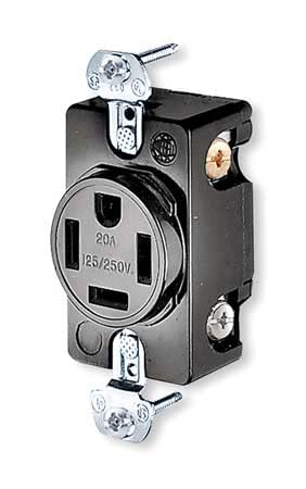 Receptacle, 20 A Amps, 125/250V AC, Flush Mount, Single Outlet, 14-20R, Black