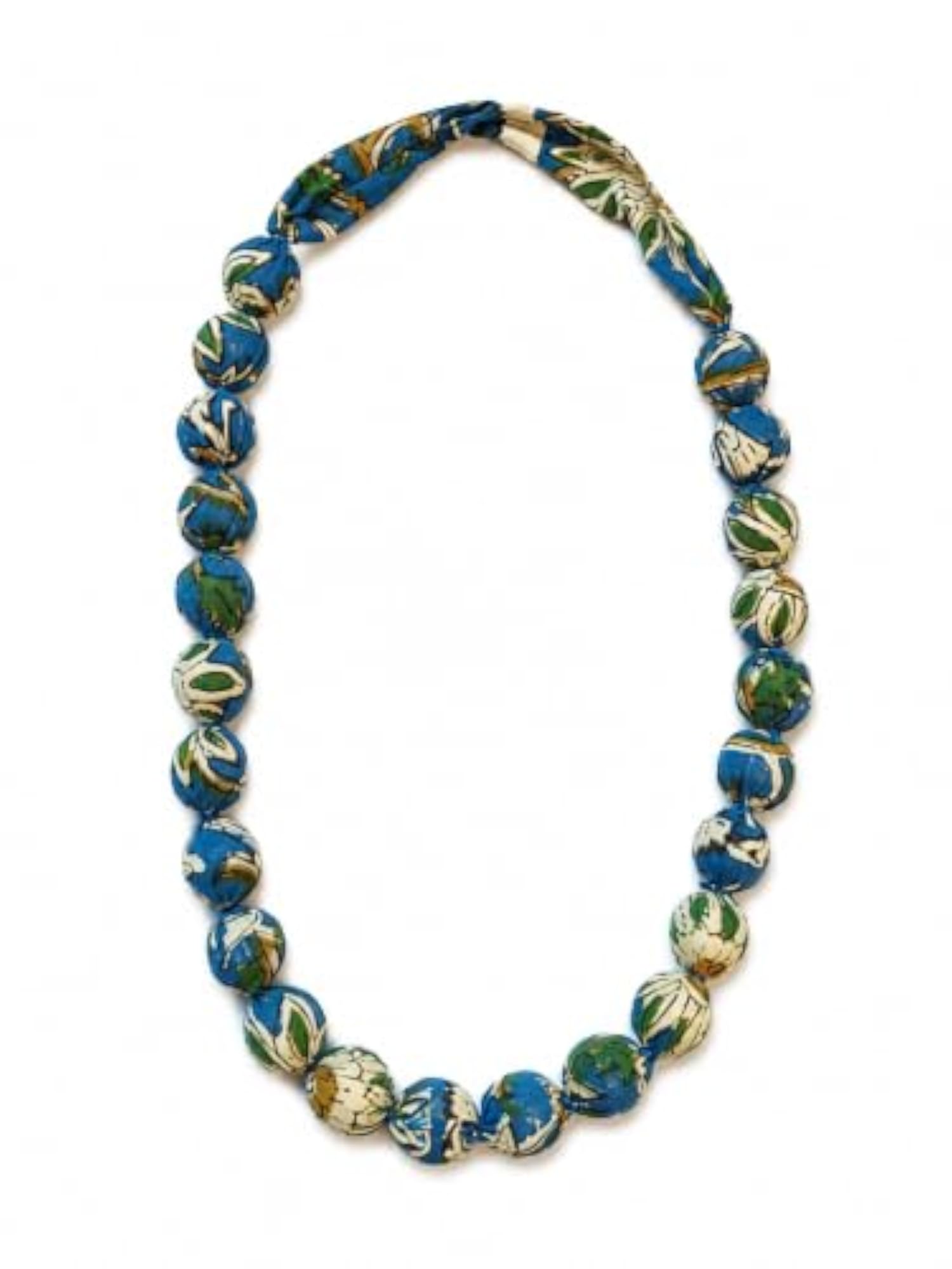 Handcrafted Blue Floral Cotton Fabric Bead Mala Necklace for Women