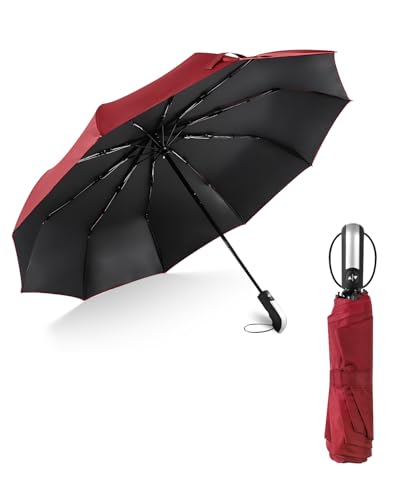 HW CASA Ombrello Pieghevole Antivento,Apertura Chiusura Automatico,110 CM Ombrello Grande con 10 Nervature in Lega di Fibra di Vetro,Compatto e Portatile Ombrello Automatico,Ombrello Donna, Bordoux
