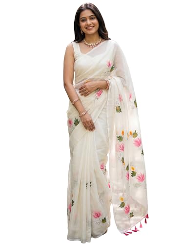 Image of AKHILAM Women's Cotton Saree with White Daisy Floral Prints Tassel Pallu Lightweight Summer Saree