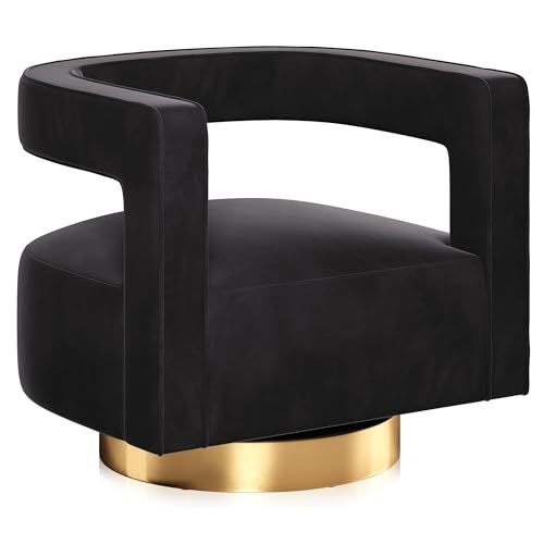 Image of BELLEZE Swivel Barrel Accent Chair, Modern Upholstered Arm Comfy Velvet Curved Back Round Chair with Gold Base Wood Frame, 360 Degree for Living Room Bedroom Office,Black