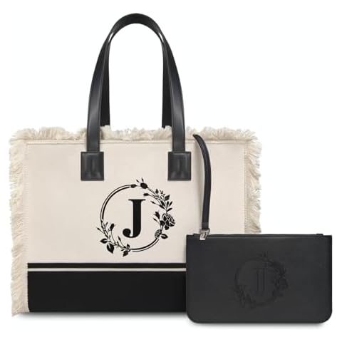 TOPDesign Initial Canvas Tote Bag for Women, Personalized Present Bag with 6 Pockets, Casual Tassel Handbag for Wedding, Birthday, Beach, Holiday, Gifts for Mom, Teachers, Friends, Bridesmaids Cover