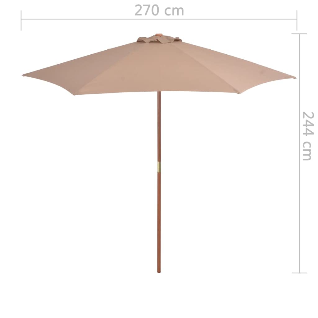 Madera resistente protección UV mástil 38 mm soporte mesa Gris Topo 270 cm | Sombrilla de jardin con palo de madera gris taupe 270 cm toldo parasol exterior con proteccion UV para terraza patio playa