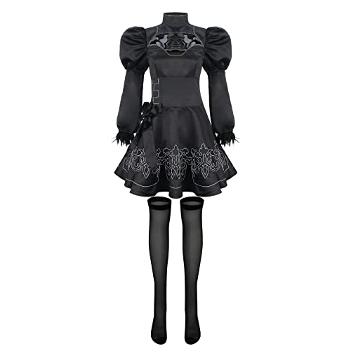 Funhoo Damen No.2 Typ B Cosplay Kostüm Schwarz Gotisch Kleid Rock Dirndl mit Strümpfen Frauen 2B Outfit Set für Halloween Karneval Spiel Party (XL) Cover