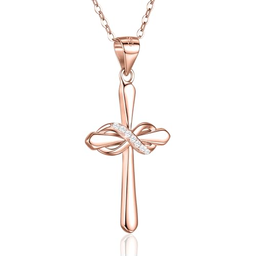 PUPILLEMON Rose Gold Cross Necklaces for Women,4A CZ Infinity Rose Gold Necklace,16”+2“ Adjustable Chain Pink Cross Necklace Hypoallergenic Religious Jewelry Gift for Women